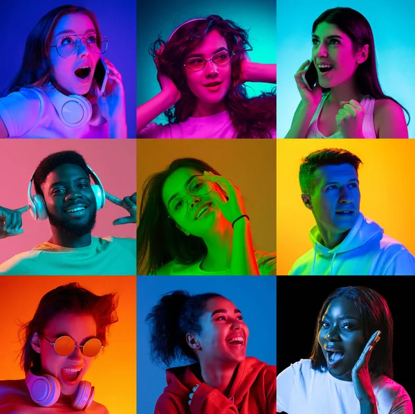 Retratos de grupo de pessoas em fundo multicolorido em luz de néon, colagem. — Fotografia de Stock