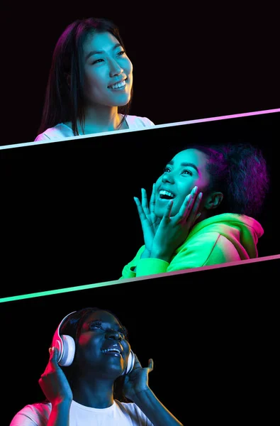 Retratos de grupo de pessoas em fundo preto em luz de néon, colagem. — Fotografia de Stock