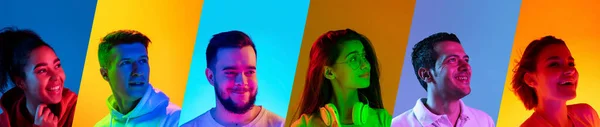 Portretten van een groep mensen op veelkleurige achtergrond in neon licht, collage. — Stockfoto