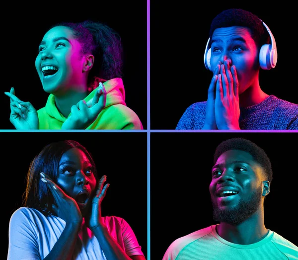 Retratos de grupo de pessoas em fundo preto em luz de néon, colagem. — Fotografia de Stock