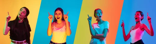 Portraits of group of people on multicolored background in neon light, collage. — Stock Photo, Image