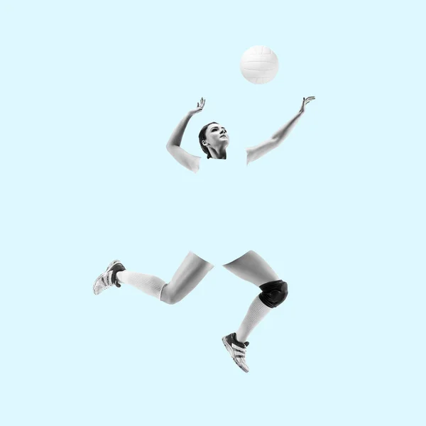Modern design, contemporary art collage. Inspiration, idea, trendy magazine style. Sport. Professional female volleyball player on blue background. — Stock Photo, Image