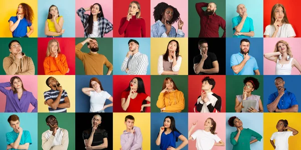 Ritratti di gruppi di persone su sfondo multicolore, collage. — Foto Stock