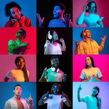 Çok renkli arkaplanda, neon ışığı ve kolaj içinde bir grup insanın portresi.