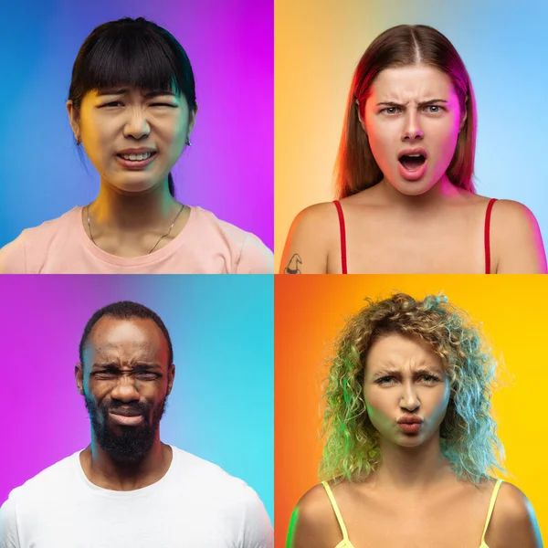 Ritratto di gruppo di persone su sfondo multicolore in luce al neon, collage. — Foto Stock