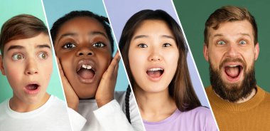 Çok renkli arka plan, kolaj üzerinde bir grup insanın portreleri.