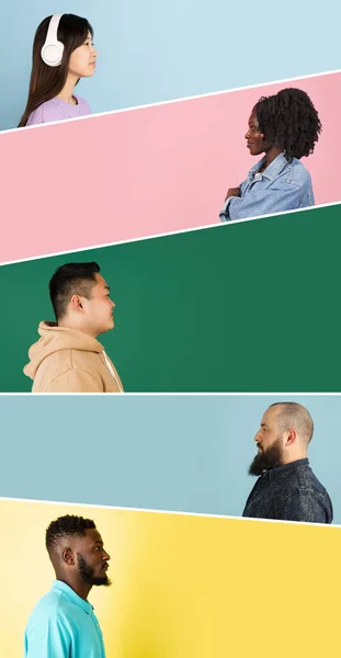 Potret sekelompok orang dengan latar belakang warna-warni, kolase. — Stok Foto