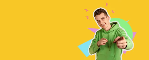 Portrait of young man on yellow background in magazine style, collage, flyer — 图库照片