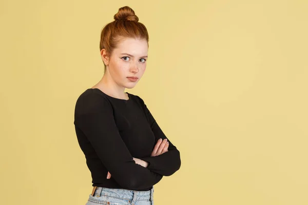 Close-up Caucasian womans portrait isolated over yellow studio background with copyspace for ad. Concept of beauty, health. — Stock Photo, Image