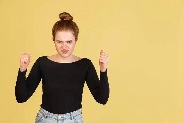 Close-up Caucasian womans portrait isolated over yellow studio background with copyspace for ad. Concept of beauty, health. — Stockfoto