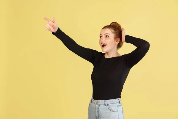 Caucasian womans portrait isolated over yellow studio background with copyspace for ad. Concept of beauty, health. — Stock fotografie