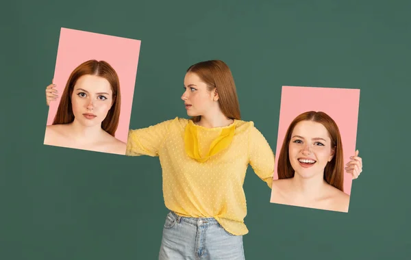 Resimlerini elinde tutan genç kızıl saçlı kız reklam için fotokopi çekilen yeşil stüdyo arkaplanından izole edilmiş. Güzellik kavramı, moda. — Stok fotoğraf