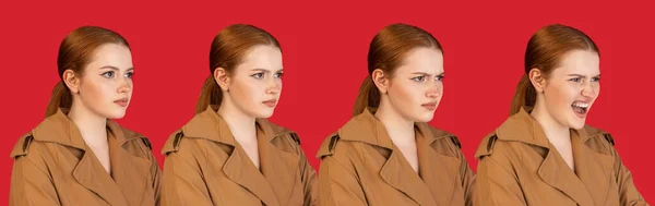 Close-up Caucasian young womans portrait on red studio background. Concept of human emotions, facial expression, youth, sales, ad. — Stockfoto