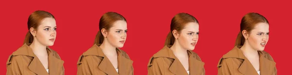 感情的演变。白种人年轻女子的肖像在红色工作室背景。人类情感、面部表情、青春、销售、广告的概念. — 图库照片