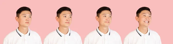 Asian mans portrait isolated over pink studio background with copyspace. Evolution of emotions. — Stock Photo, Image