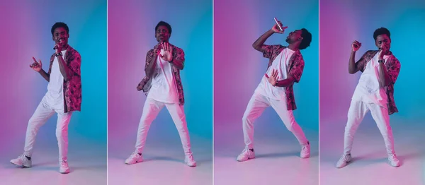 Collage hecho de diferentes fotos de hombre africano joven, cantante aislado en degradado fondo rosa azul en luz de neón — Foto de Stock