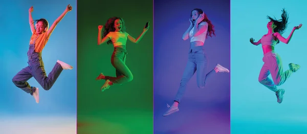 Retratos de grupo de personas sobre fondo multicolor, collage. Feliz, saltando chicas. —  Fotos de Stock