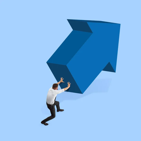 Junger Mann Manager, Finanzanalyst oder Büroangestellter isoliert auf blauem Hintergrund. Collage, illustration — Stockfoto