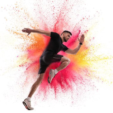 One Caucasian sportsman in explosion of colored neon powder isolated on white background clipart