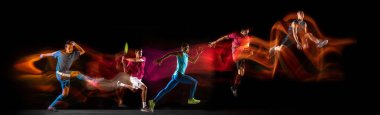 Development of motions of different kinds of sport games. Young men in action isolated over dark background in neon mixed colored light. Flyer.