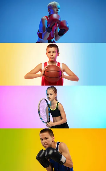 Collage of for kids, sportsmen posing isolated over multicolored background. Vertical flyer. — Foto Stock