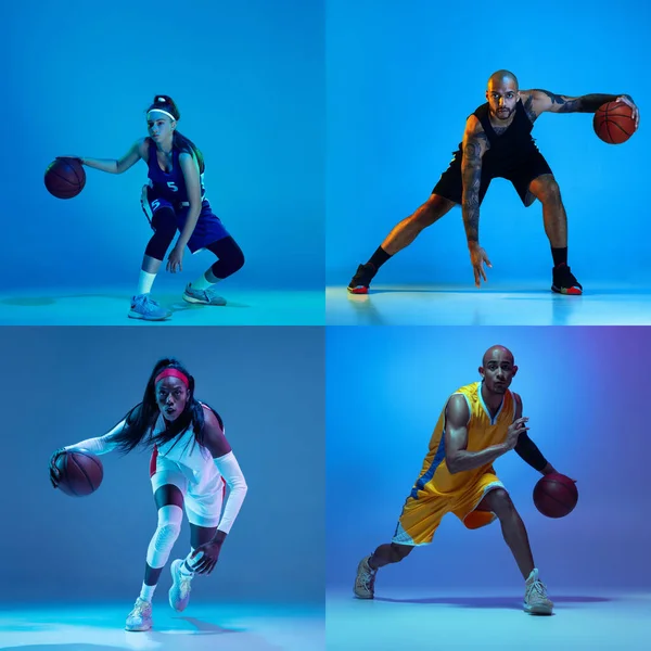 Collage de jugadores de baloncesto masculinos y femeninos, aptos para personas en acción y movimiento aislados sobre fondo azul en luz de neón. —  Fotos de Stock