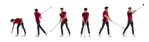 Collage of different photos of professional golf player, sportsman in action and motion isolated on white background. Flyer. — Stockfoto