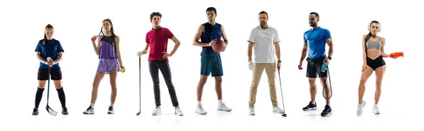 Sport collage. Athletics, tennis, golf and basketball player standing isolated over white studio background. — Zdjęcie stockowe