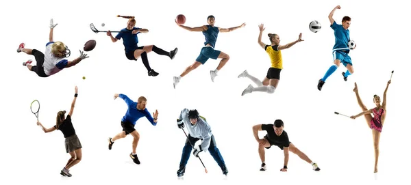 Sport collage. Athletics, tennis, golf and basketball player standing isolated over white studio background. — Stok fotoğraf