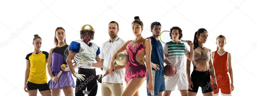 Sport collage. Rhythmic gymnastics, tennis, golf and american football, basketball and volleyball players.
