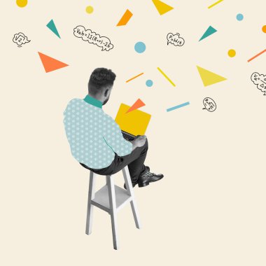 Ofiste çalışan genç yönetici, finans analisti ya da katip, arka planda izole edilmiş. Kolaj