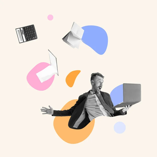 Young manager, finance analyst or clerk in office routine isolated on light background with flying objects. Collage — Stok Foto
