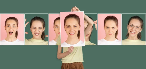 Porträtt av unga leende flicka med olika känslor isolerade på grön bakgrund. Begreppet ansiktsuttryck. Kollage — Stockfoto