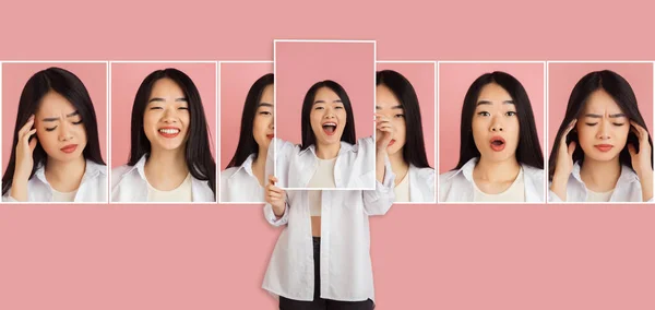 Jong Aziatisch beuatiful meisje tonen haar portretten met verschillende emoties geïsoleerd op roze achtergrond. Begrip gezichtsuitdrukkingen. — Stockfoto