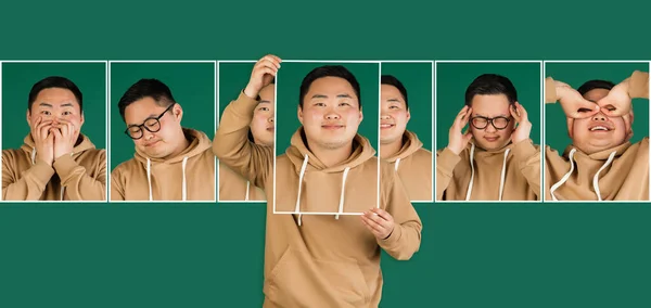 Retratos de jovem asiático homem mostrando fotos com emoções diferentes, expressão facial isolada no fundo verde. — Fotografia de Stock