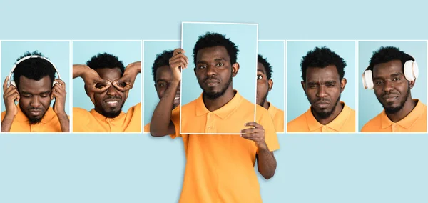 Triste joven África hombre sosteniendo retratos con diferentes emociones, expresión facial aislada sobre fondo azul. —  Fotos de Stock