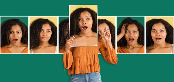 Una giovane donna africana in possesso di foto con diverse emozioni isolate su sfondo verde. Concetto di espressioni facciali. — Foto Stock