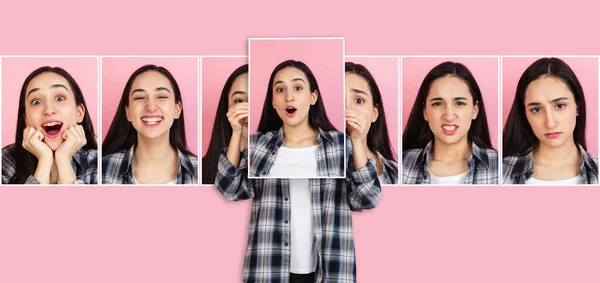 Ung vit vacker flicka visar sina porträtt med olika känslor isolerade på rosa bakgrund. Begreppet ansiktsuttryck. — Stockfoto