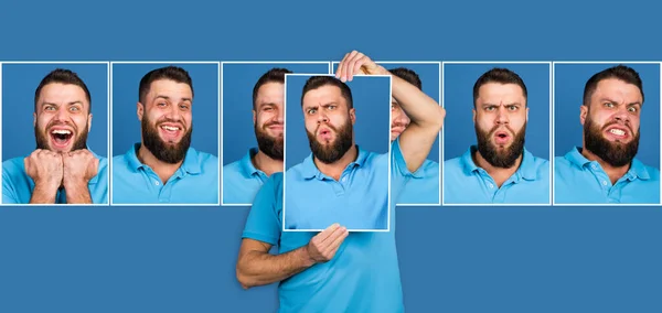 Portréty mladého bělocha zobrazující obrázky s různými emocemi, obličejový výraz izolovaný na modrém pozadí. — Stock fotografie