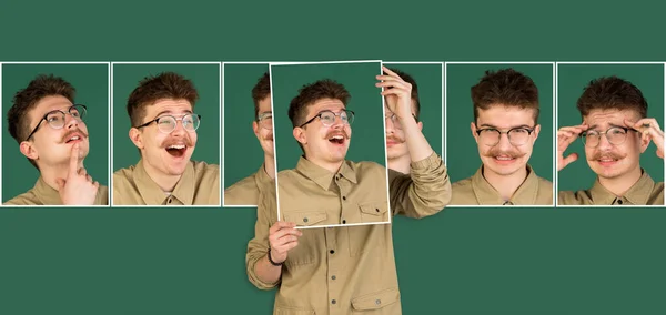 Retratos de un joven caucásico mostrando imágenes con diferentes emociones, expresión facial aislada sobre fondo verde. —  Fotos de Stock