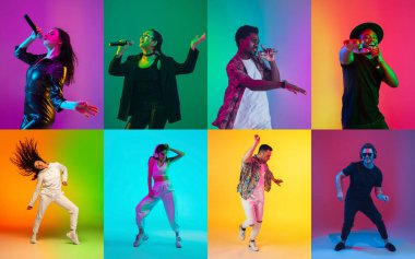 Şarkıcılar dansçılara karşı. Çok renkli arkaplanda, neon ışığı ve kolaj içinde bir grup insanın portresi.