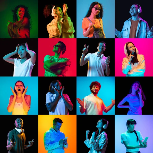 Grupo de jóvenes hombres y mujeres posando aislados sobre fondo multicolor en luz de neón. Collage.. —  Fotos de Stock