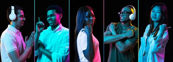 Porträtt av grupp människor på flerfärgad bakgrund i neonljus, collage. Leende, poserande, uppriktig. — Stockfoto