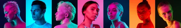 Porträtt av grupp människor på flerfärgad bakgrund i neonljus, collage. Begreppet skönhet, nåd. — Stockfoto