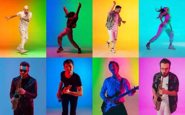 Músicos atacam dançarinos. Retrato de grupo de pessoas em fundo multicolorido em luz de néon, colagem. — Fotografia de Stock