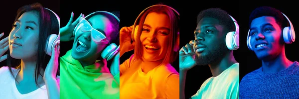 Närbild porträtt av ungdomar på flerfärgad bakgrund i neonljus, collage. — Stockfoto