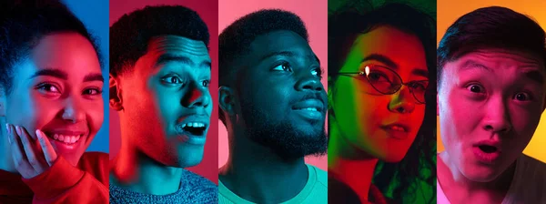 Retrato de close-up de jovens em fundo multicolorido em luz de néon, colagem. Folheto, colagem feita de 5 modelos. — Fotografia de Stock