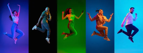 Портреты группы людей радостные прыжки изолированные на разноцветном фоне в неоновом свете, коллаж. — стоковое фото