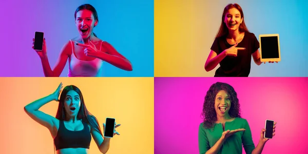 Groupe de quatre jeunes filles avec smartphones isolés sur fond multicolore au néon, collage. — Photo