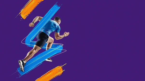 Sportovní atletický muž, trénink běžců izolovaný v neonovém světle na modrém pozadí. Umělecká koláž. Akvarelové barvy. Pojetí sportu, hry, akce. — Stock fotografie